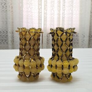Vintage Beaded Taper Candle Holder Sleeves 2pc Set Retro Boho Amber Gold & Brown